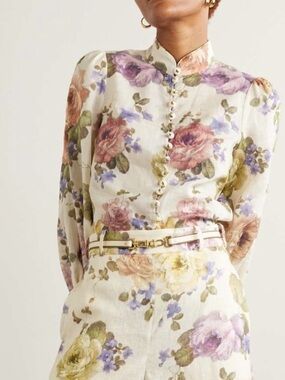 Zimmermann Floral Button-Front High Collar Blouse in Cream, Pink, Purple, Green